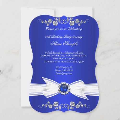 Elegant Royal Blue White Pearl Jewel Bow Birthday 5x7 Paper Invitation Card