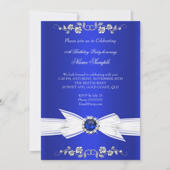 Elegant Royal Blue White Pearl Jewel Bow Birthday Invitation (Front)