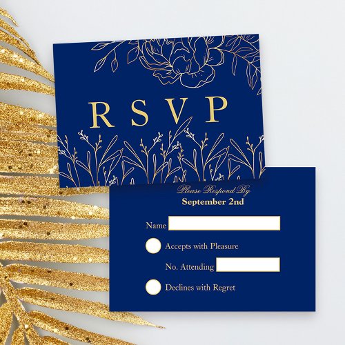 Elegant Royal Blue with Gold Sketched Flowers RSVP Card