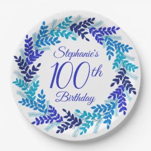 Elegant Royal Blue Wreath 100th Birthday Paper Plates