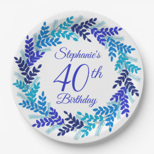 Elegant Royal Blue Wreath 40th Birthday Paper Plates