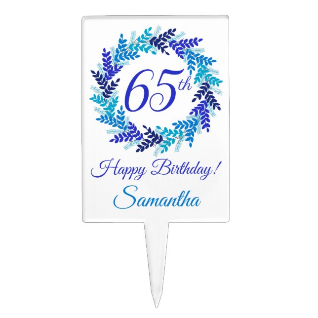 Elegant Royal Blue Wreath 65th Birthday Party Cake Topper (Front)