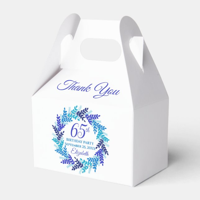 Elegant Royal Blue Wreath 65th Birthday Party Favor Boxes (Front Side)