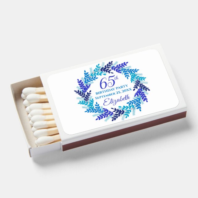 Elegant Royal Blue Wreath 65th Birthday Party Matchboxes (Front Open)