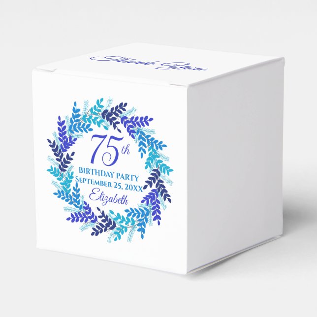 Elegant Royal Blue Wreath 75th Birthday Party Favor Boxes (Front Side)