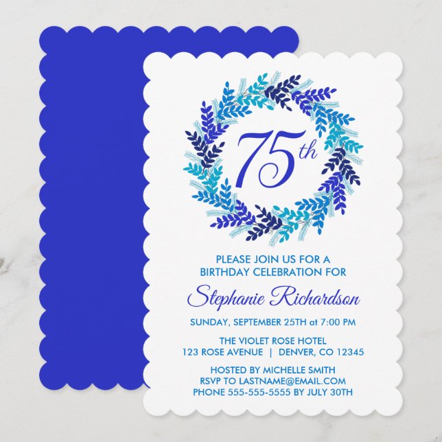 Elegant Royal Blue Wreath 75th Birthday Party Invitation (Front/Back)