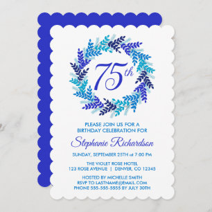 Elegant Royal Blue Wreath 75th Birthday Party Invitation