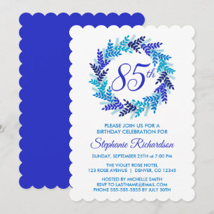 Elegant Royal Blue Wreath 85th Birthday Party Invitation
