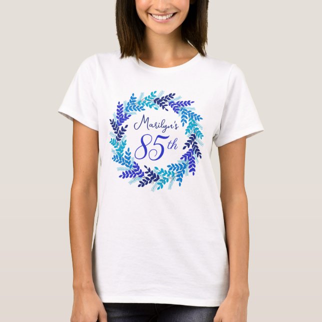 Elegant Royal Blue Wreath Monogram 85th Birthday T-Shirt (Front)