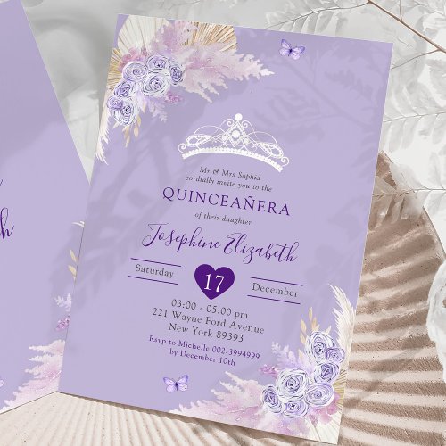 Elegant Royal Boho Lilac Floral Mis Quince Aos Invitation