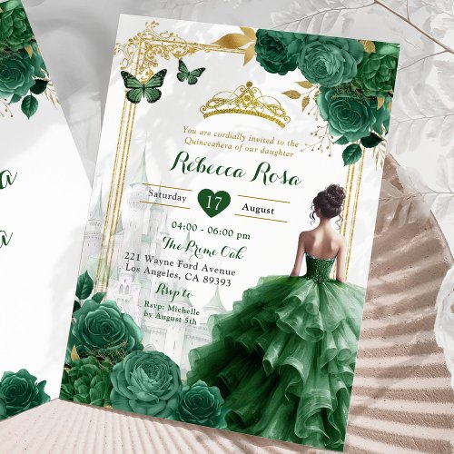 Elegant Royal Castle Emerald Green Quinceaera Invitation