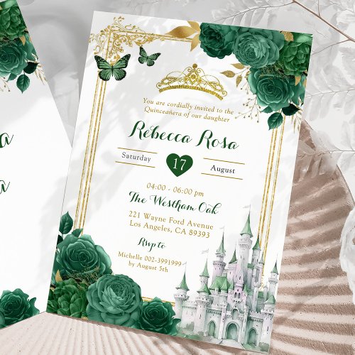 Elegant Royal Castle Green Floral Quinceaera Invitation