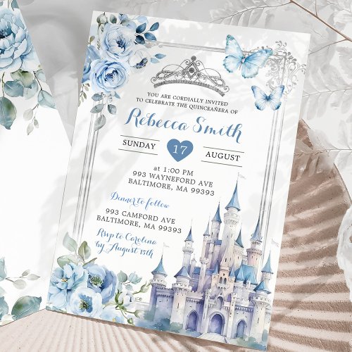 Elegant Royal Castle Silver Dusty Blue Quinceaera Invitation