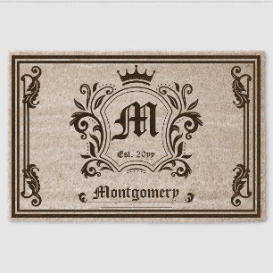 Elegant Royal Crest Family Name and Monogram Fiber Doormat