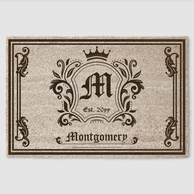 Elegant Royal Crest Family Name and Monogram Fiber Doormat (Front)
