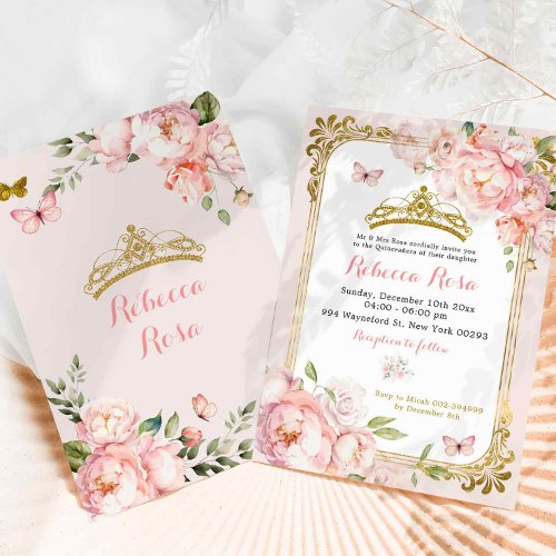 Elegant Royal Crown Blush Pink Gold Quinceaera Invitation