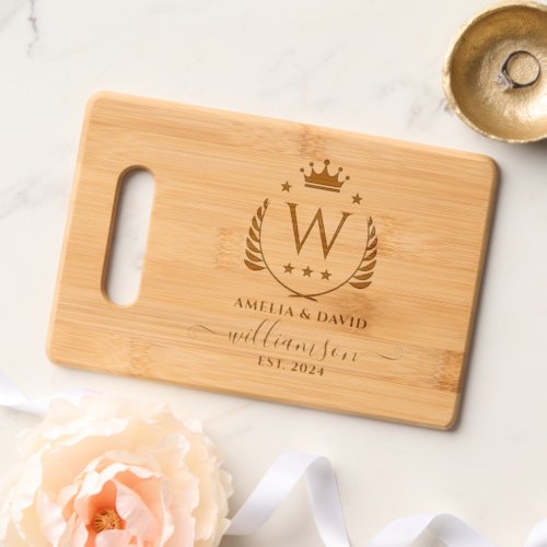 Elegant Royal Crown Monogram Initial Couple Name Cutting Board