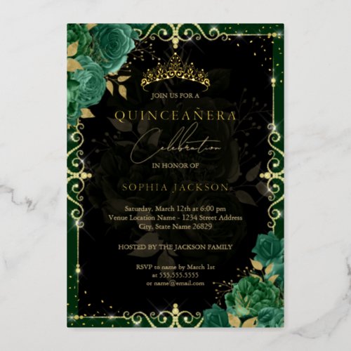 Elegant Royal Emerald Gold Rose Quinceanera Foil Invitation