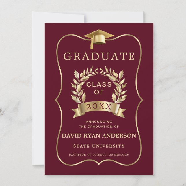 Elegant Royal Gold Burgundy Graduation Party Invitation (Front)