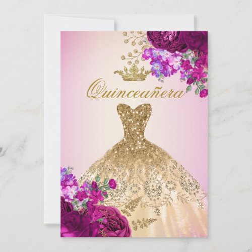 Elegant Royal Gold Burgundy Roses Quinceanera Invitation