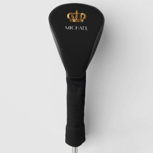 Elegant Royal Gold Crown Name Black Golf Head Cover