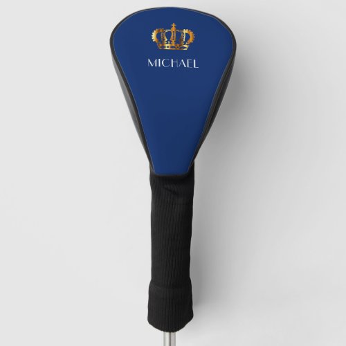 Elegant Royal Gold Crown Name Blue Golf Head Cover