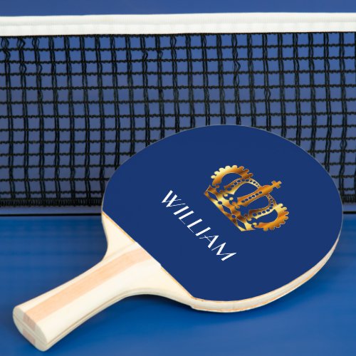 Elegant Royal Gold Crown Name Blue Ping Pong Paddle