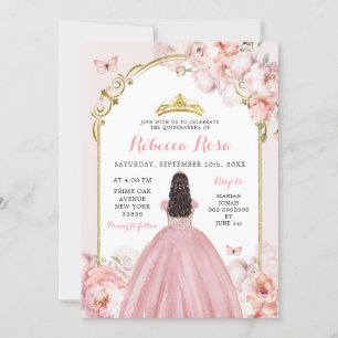 Elegant Royal Gold Dusty Rose Princess Quinceañera Invitation