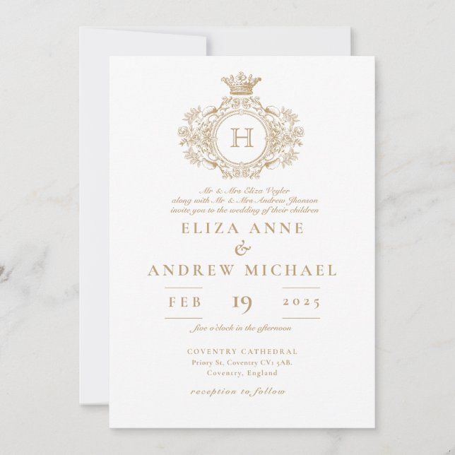 Elegant Royal Gold Monogram Crest Wedding  Invitation (Front)