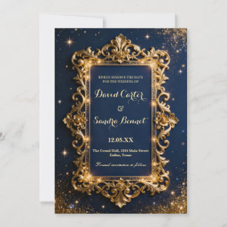 Elegant Royal Gold & Navy Blue Modern Wedding Save The Date