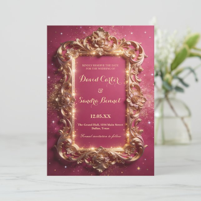 Elegant Royal Gold & Pink Modern Wedding  Save The Date (Standing Front)