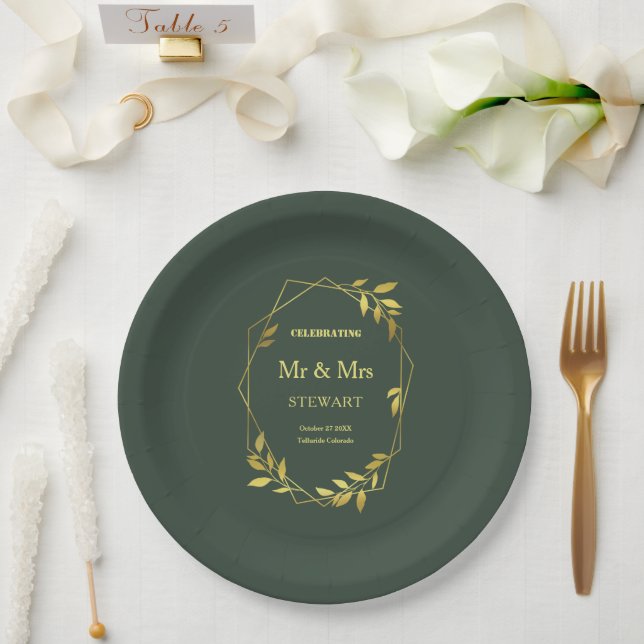 Elegant Royal Green Minimalist Botanical Wedding Paper Plates (Wedding)