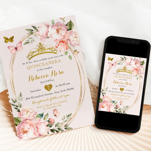 Elegant Royal Light Pink Gold Butterfly Mis Quince Invitation