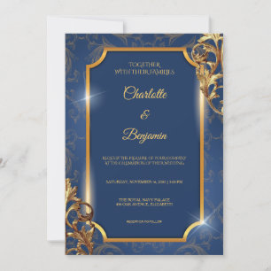 Elegant Royal Navy Baroque Gold Wedding Invitation