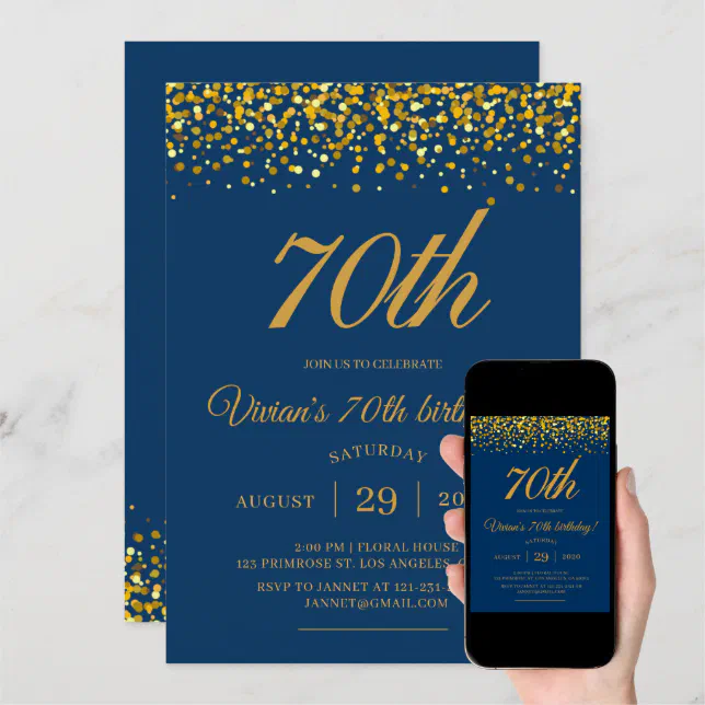 Elegant Royal Navy Blue & Gold Glitter Birthday Invitation | Zazzle