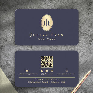 Elegant Royal Navy Blue Shiny Gold Oval Monogram Business Card