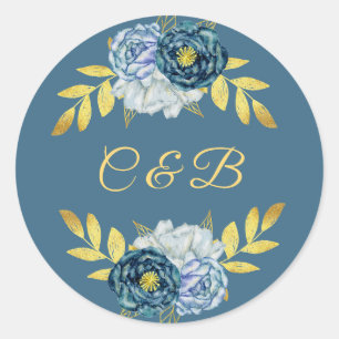 Elegant Royal Navy Gold Monogram Favor Sticker
