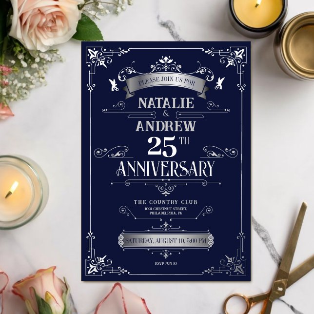 Elegant Royal Navy Silver Wedding Anniversary Foil Invitation (Creator Uploaded)