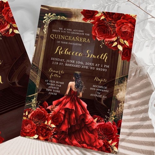 Elegant Royal Palace Bright Red Roses Quinceaera Invitation