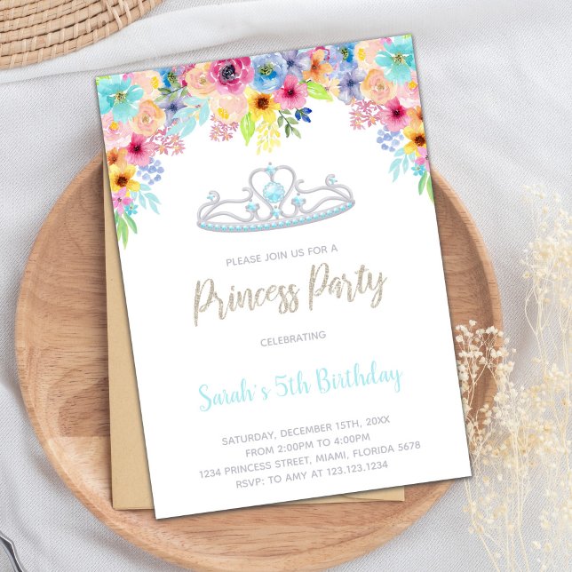 Elegant Royal Party for Girls Invitation (Silver Crown Floral Princess Birthday Invitations)