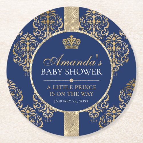 Elegant Royal Prince Baby Shower Round Paper Coaster
