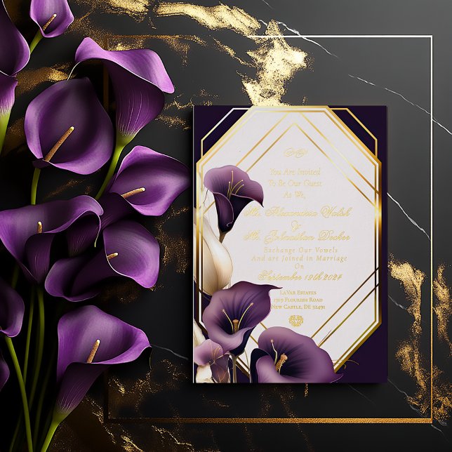 Elegant Royal Purple and Gold Calla Lily Wedding  Foil Invitation (Modern Sleek Royal Purple Calla Lily Gold Foil Script Wedding Invitation )