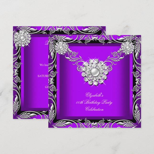 Elegant Royal Purple Black Silver Birthday Party Invitation (Front/Back)