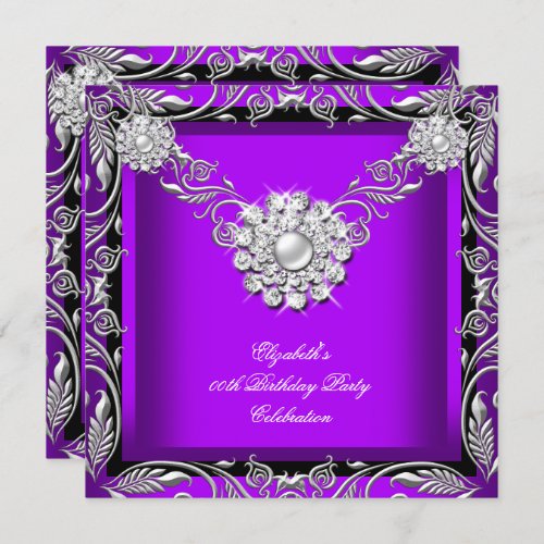 Elegant Royal Purple Black Silver Birthday Party Invitation