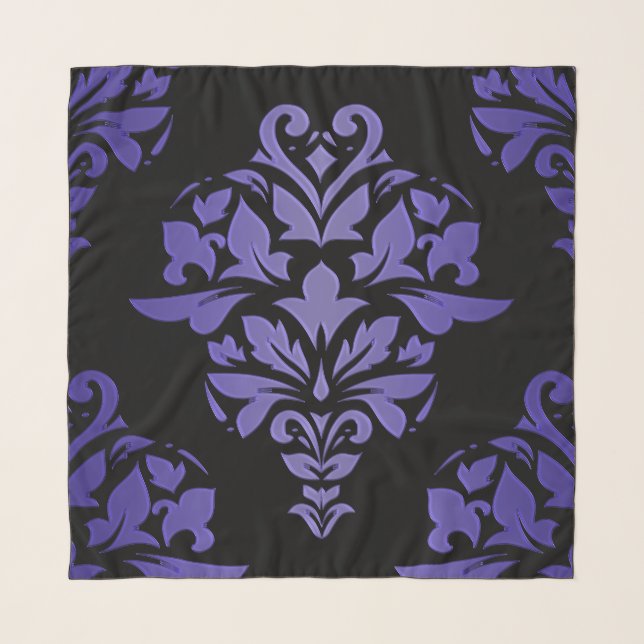 Elegant Royal Purple Damask On Black Chiffon Scarf (Front)