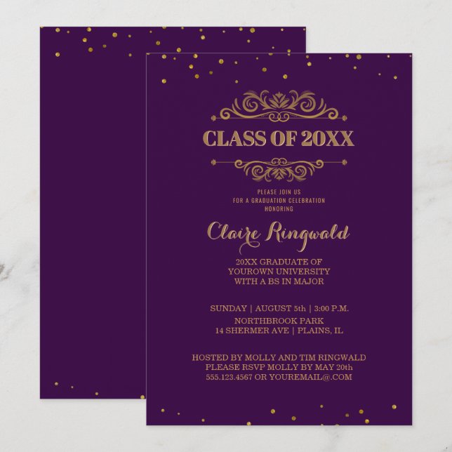 Elegant Royal Purple Gold 2018 Graduation Party Invitation (Front/Back)