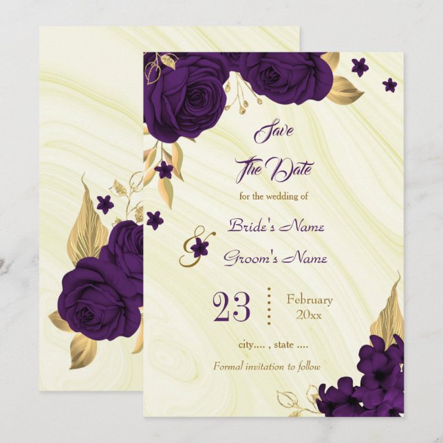 elegant royal purple gold floral leaves save the date (Front/Back)
