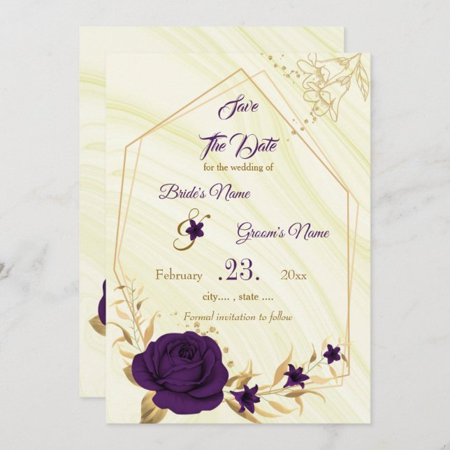 elegant royal purple gold floral save the date (Front/Back)