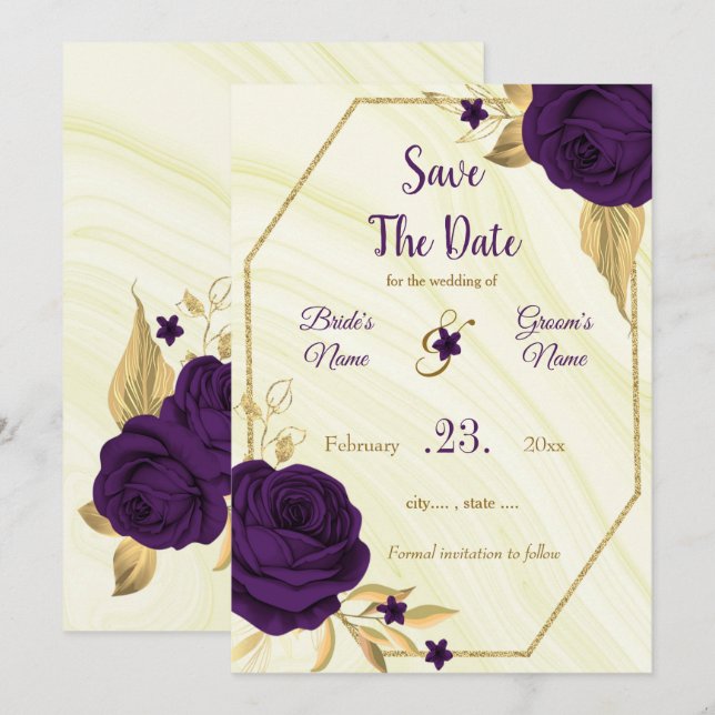 elegant royal purple gold floral save the date (Front/Back)