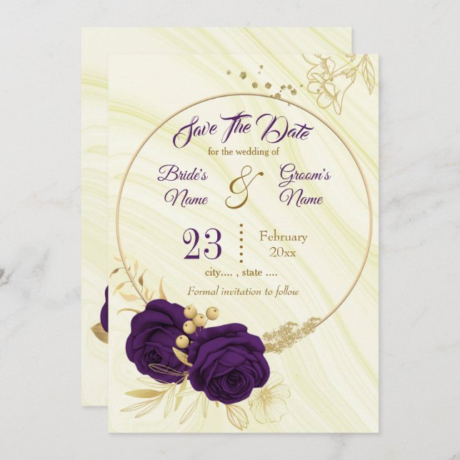 elegant royal purple gold floral save the date (Front/Back)